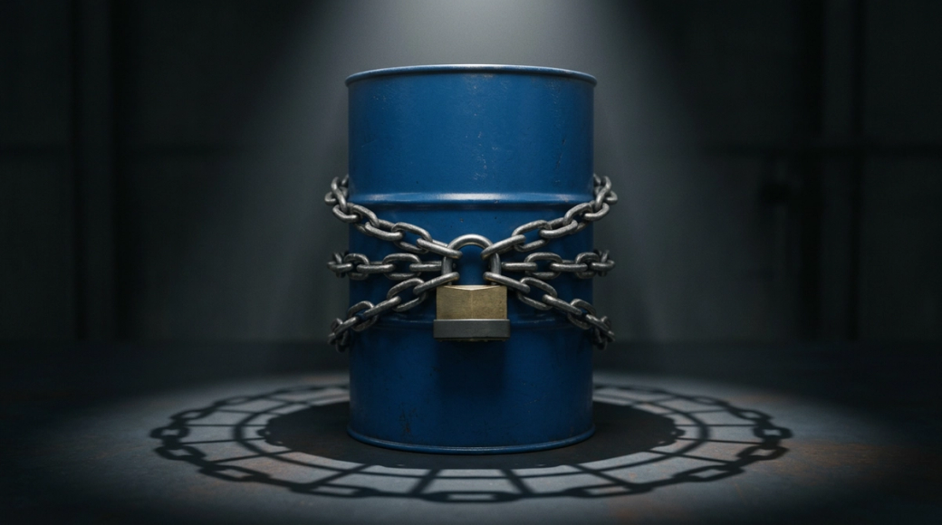 The image features a blue oil drum surrounded by a heavy steel chain, securely padlocked at the front. The composition emphasizes the contrast between the raw textures of the chain and the painted surface of the barrel, with shadows casting a geometric pattern on the dark surface, suggesting themes of economic embargoes and restricted access to commodities.