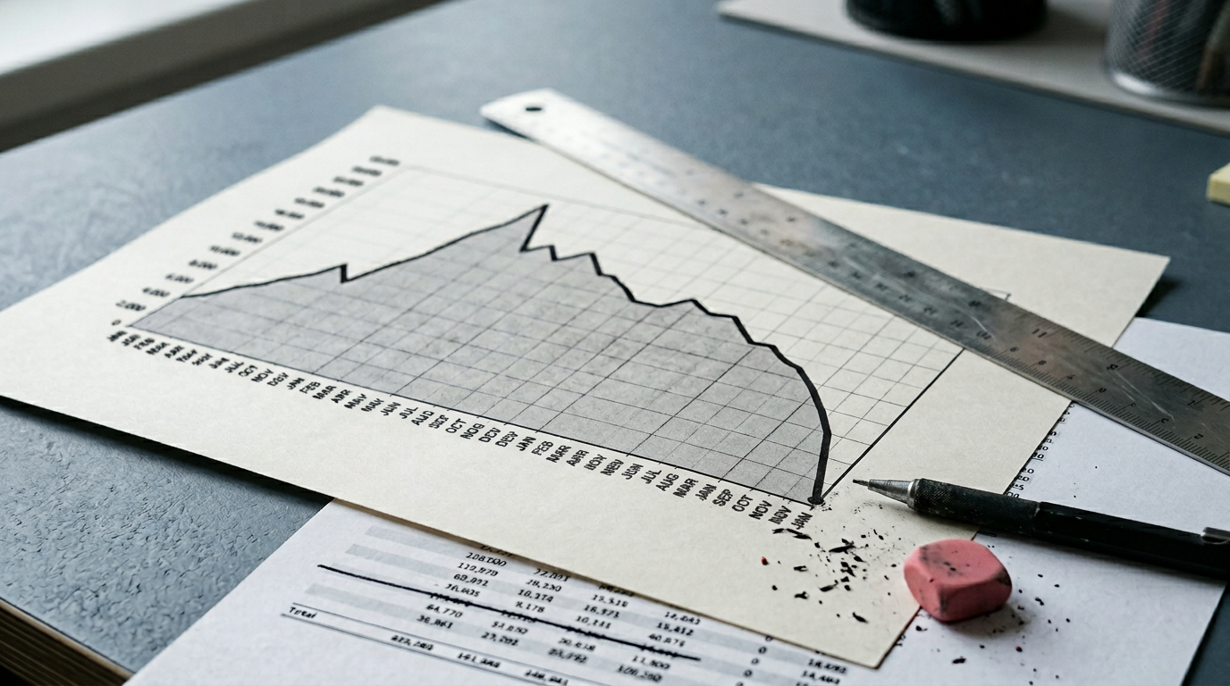 The image features a close-up of a printed line chart laid flat on a cold slate-grey desk. The chart, rendered on heavy uncoated paper, depicts a dark ink line that rises and falls sharply, suggesting changing values or expectations, accompanied by a steel ruler and a mechanical pencil, both indicative of ongoing revisions or analyses.
