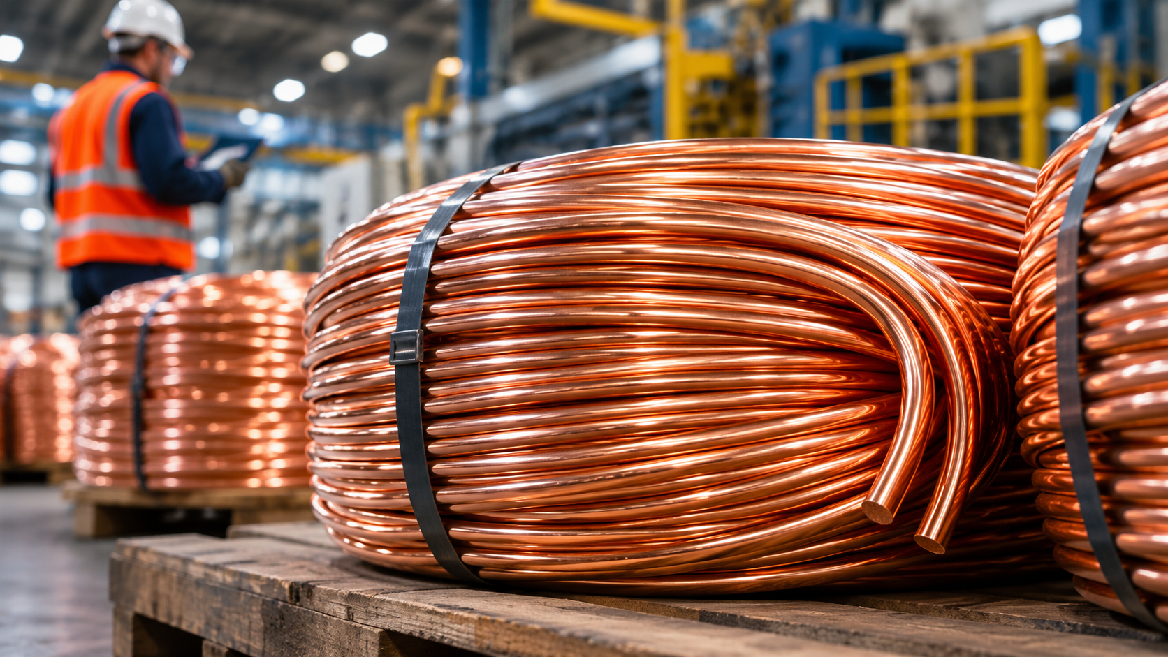 The image depicts copper wire coils stacked on wooden pallets in an industrial setting. In the background, a worker wearing a safety helmet and high-visibility vest is using a tablet, indicating an active manufacturing or distribution environment.