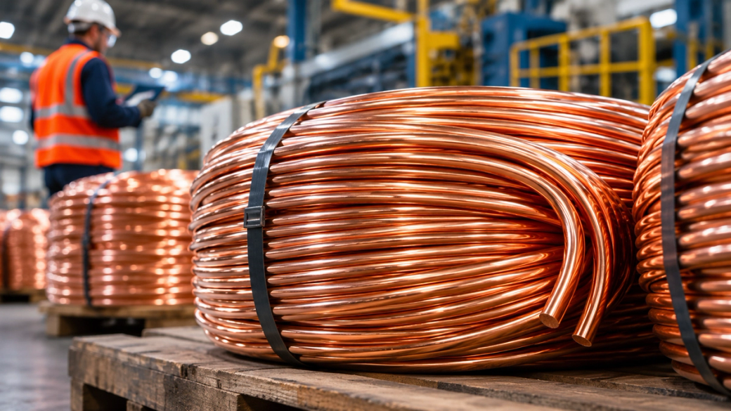 The image depicts copper wire coils stacked on wooden pallets in an industrial setting. In the background, a worker wearing a safety helmet and high-visibility vest is using a tablet, indicating an active manufacturing or distribution environment.
