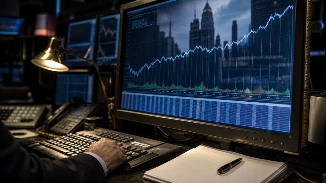 The image depicts a trader analyzing stock market data on a computer in a trading room. The screen shows a graph indicating market trends against a backdrop of a city skyline with tall buildings.