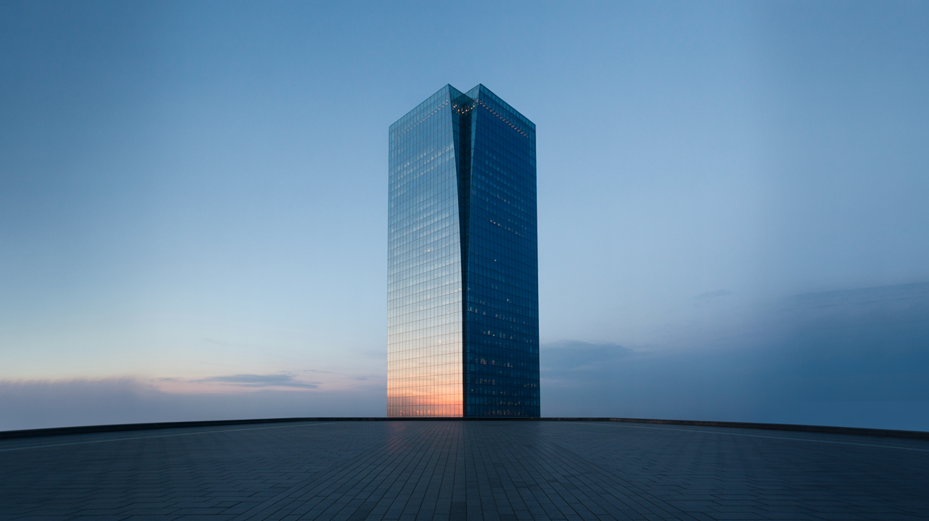 A modern, glass-fronted skyscraper stands prominently against a twilight sky with gentle hues of orange and blue reflecting on its façade. The building appears isolated on a flat surface, creating a striking architectural silhouette.