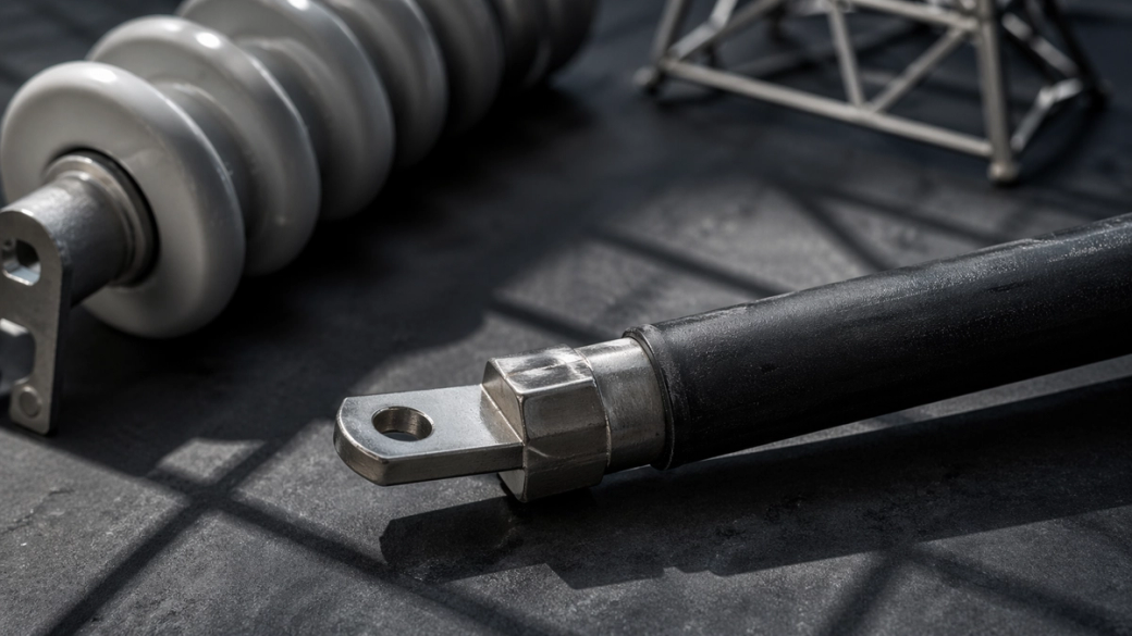 The image features electrical components, including a ceramic insulator and a connector, placed on a textured surface that highlights their detailed design. Shadows cast by a nearby structure suggest an industrial setting focused on electrical infrastructure.