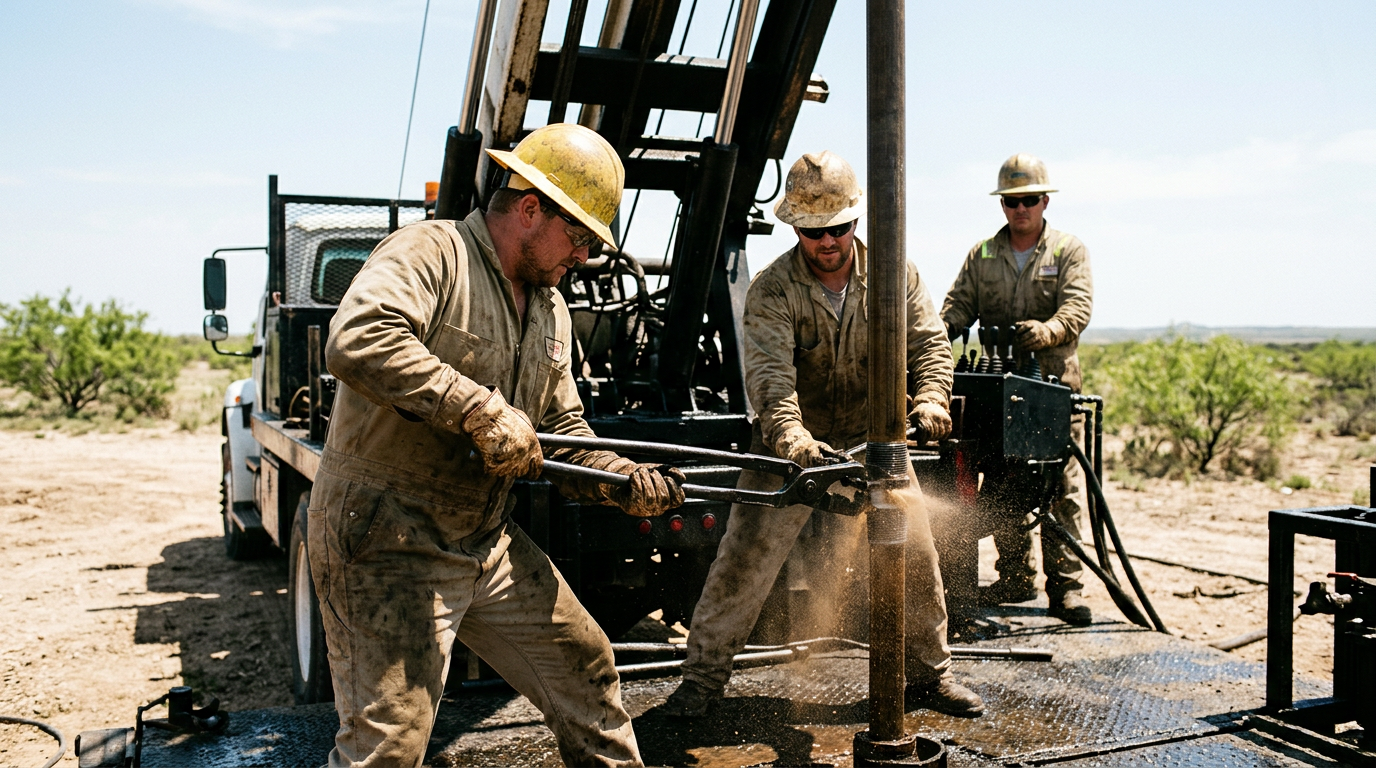 The image depicts a workover rig crew in West Texas actively pulling tubing on an oil well. Three roughnecks are seen handling a pipe joint with tongs on a rigid rig floor, demonstrating the physical demands of their work in oil-stained coveralls and hard hats. The harsh midday light casts deep shadows and highlights the spray of well fluid as the connection is broken.