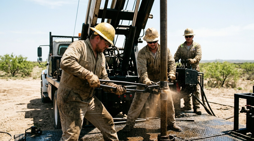 The image depicts a workover rig crew in West Texas actively pulling tubing on an oil well. Three roughnecks are seen handling a pipe joint with tongs on a rigid rig floor, demonstrating the physical demands of their work in oil-stained coveralls and hard hats. The harsh midday light casts deep shadows and highlights the spray of well fluid as the connection is broken.