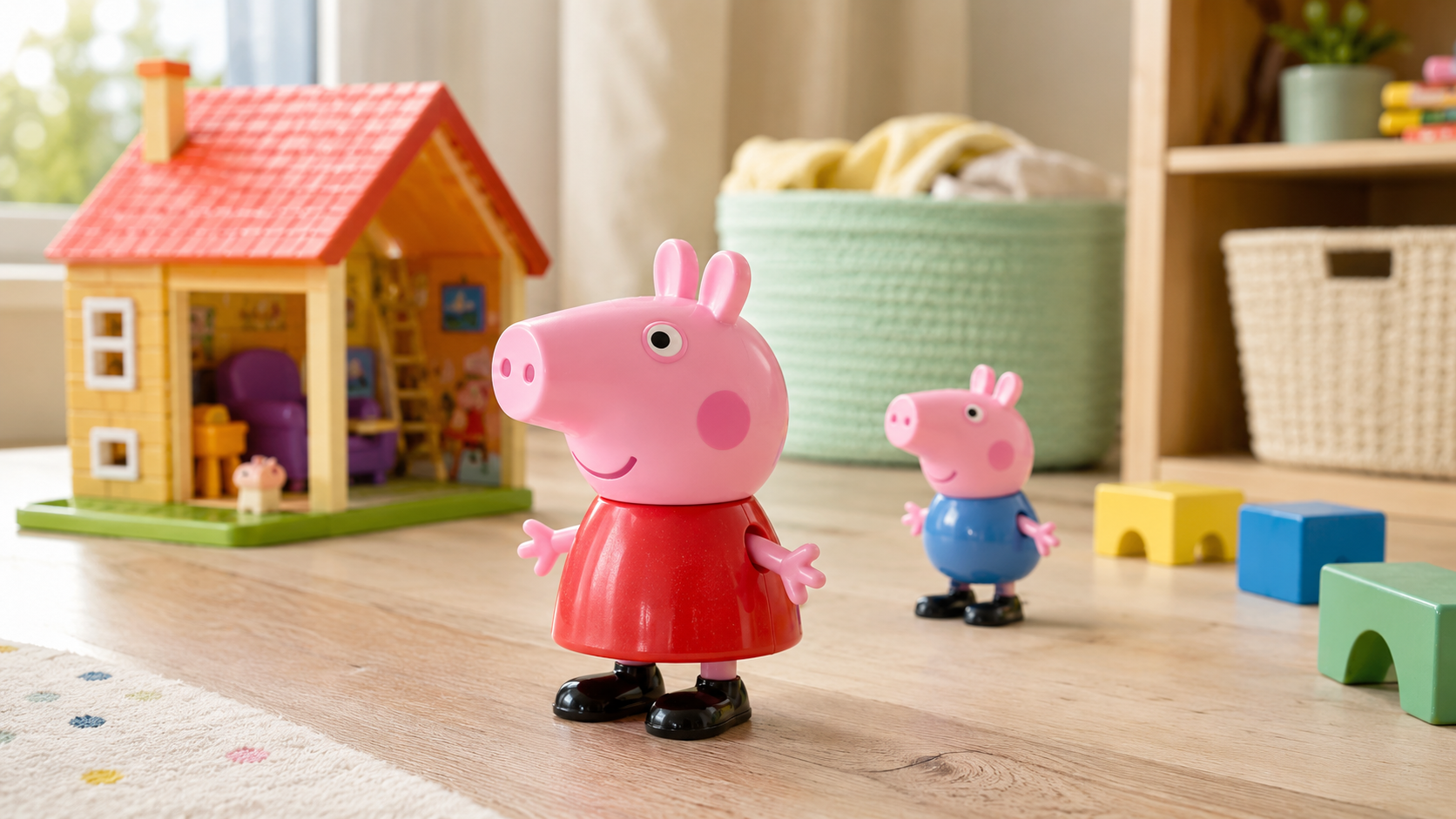 The image features two toy figures of Peppa Pig and her brother George in a colorful playroom setting. A miniature playhouse and various toys are visible in the background, creating a vibrant and playful atmosphere.