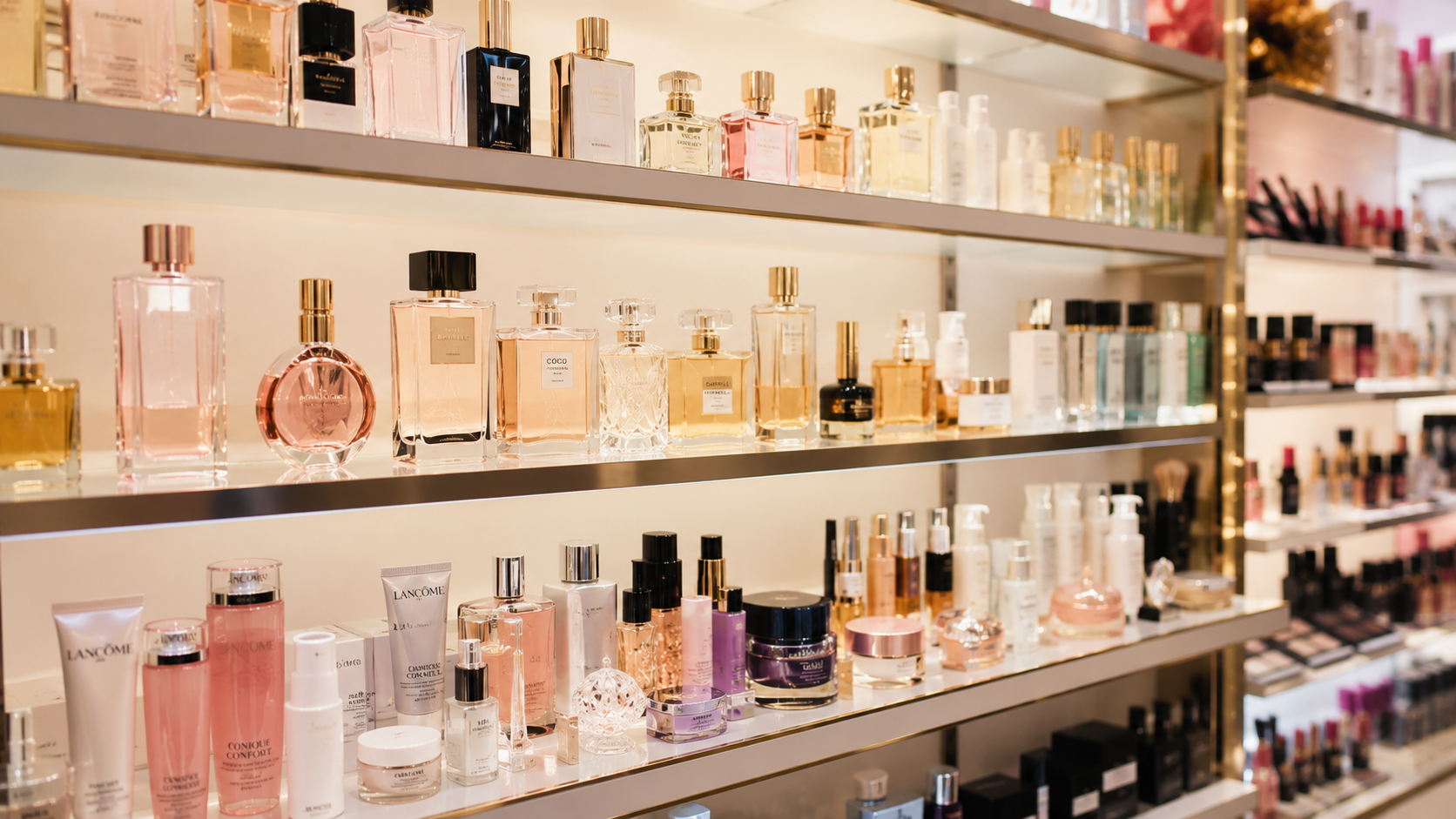 The image features a well-organized display of various perfume bottles and cosmetic products arranged on shelves. The setting appears to be a retail environment specializing in beauty and fragrance products.