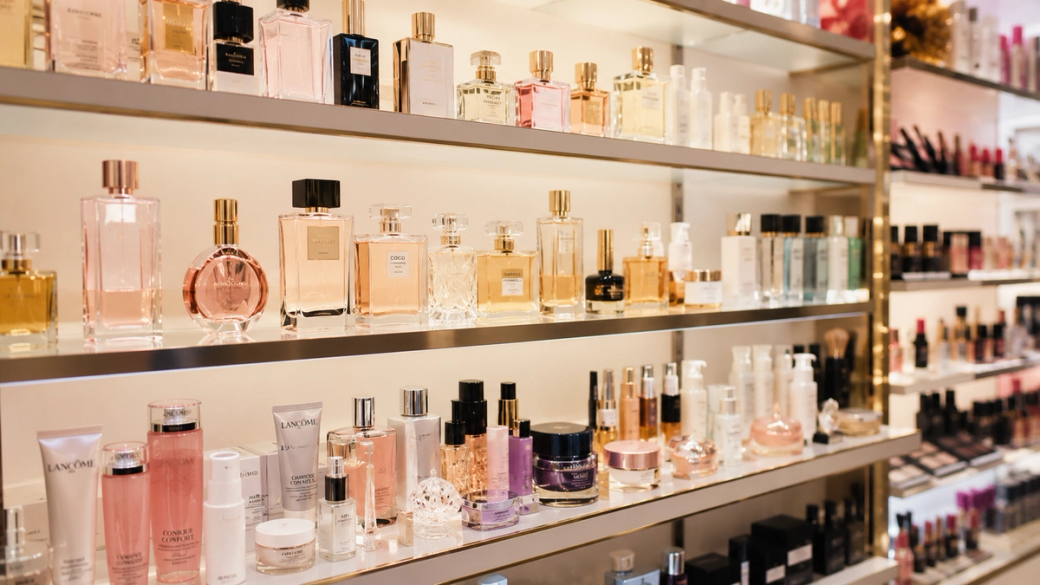 The image features a well-organized display of various perfume bottles and cosmetic products arranged on shelves. The setting appears to be a retail environment specializing in beauty and fragrance products.