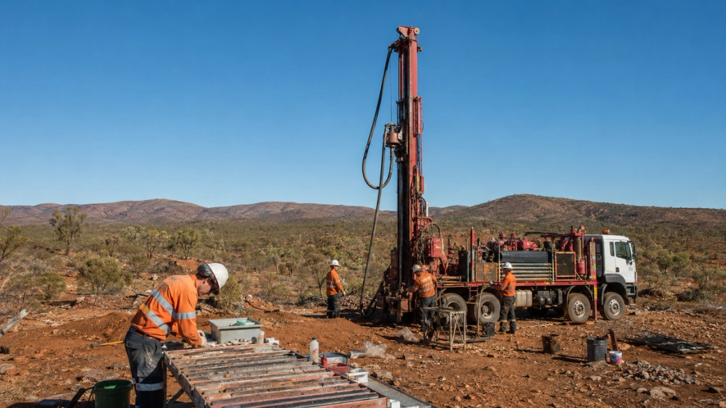 The image depicts a mining exploration site in a rugged landscape, featuring workers engaged in drilling operations. A drilling rig is prominently positioned, while several crew members are visible, clad in safety gear and performing various tasks.