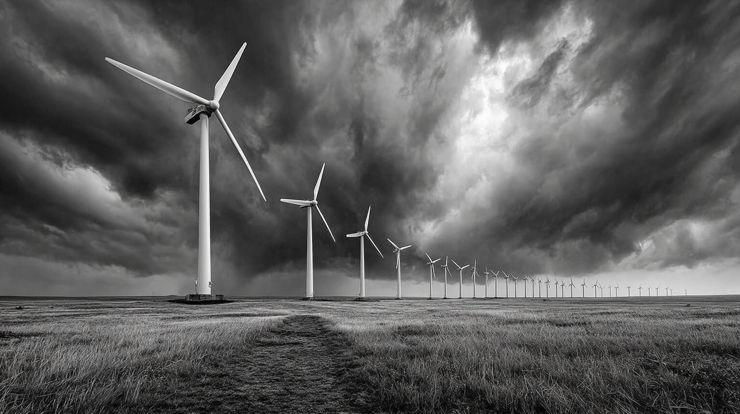 The image depicts a row of wind turbines set against a dramatic, cloudy sky. The landscape is grassy, emphasizing the scale of the wind farm.