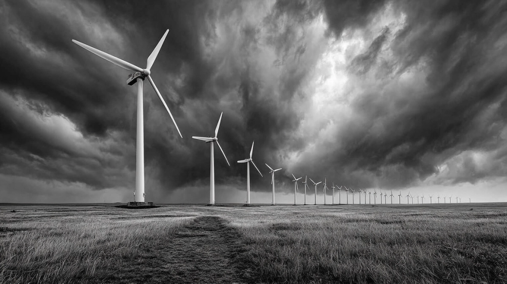 The image depicts a row of wind turbines set against a dramatic, cloudy sky. The landscape is grassy, emphasizing the scale of the wind farm.