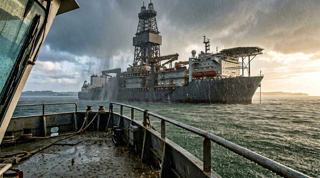 The image captures a drillship stationed off the Guyana coast, viewed from the deck of a standby vessel amidst a tropical rain squall. The intense rainfall partially obscures the hull of the drillship while its derrick and upper accommodation block remain visible, contrasting against the slate-grey sky and hints of warm sunlight along the horizon.