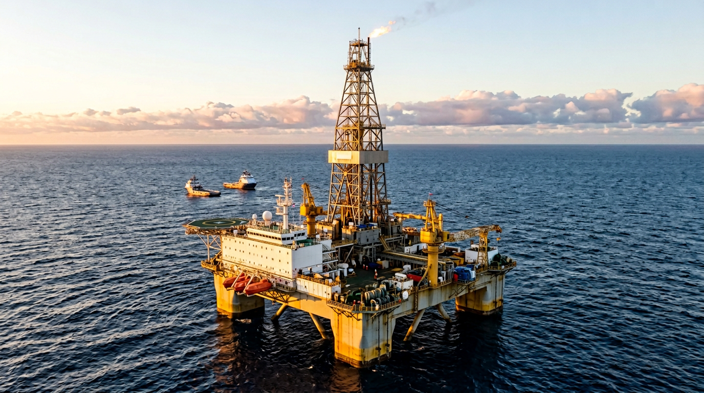 The image depicts an offshore oil drilling rig situated in open waters under a clear sky. Several support vessels are visible in the background, indicating active drilling operations.