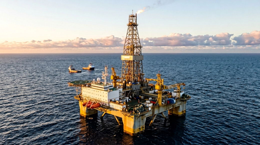 The image depicts an offshore oil drilling rig situated in open waters under a clear sky. Several support vessels are visible in the background, indicating active drilling operations.