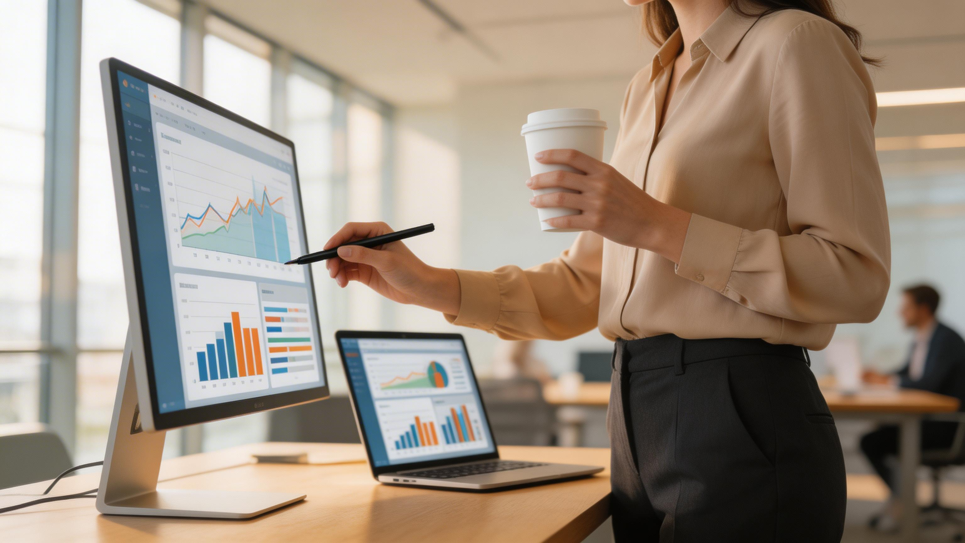 An office setting featuring a professional woman analyzing data on two screens. She is holding a coffee cup and using a stylus to point at a graph on a desktop monitor, while a laptop displays various charts and information.