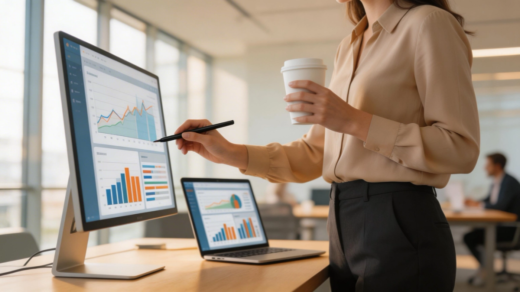 An office setting featuring a professional woman analyzing data on two screens. She is holding a coffee cup and using a stylus to point at a graph on a desktop monitor, while a laptop displays various charts and information.