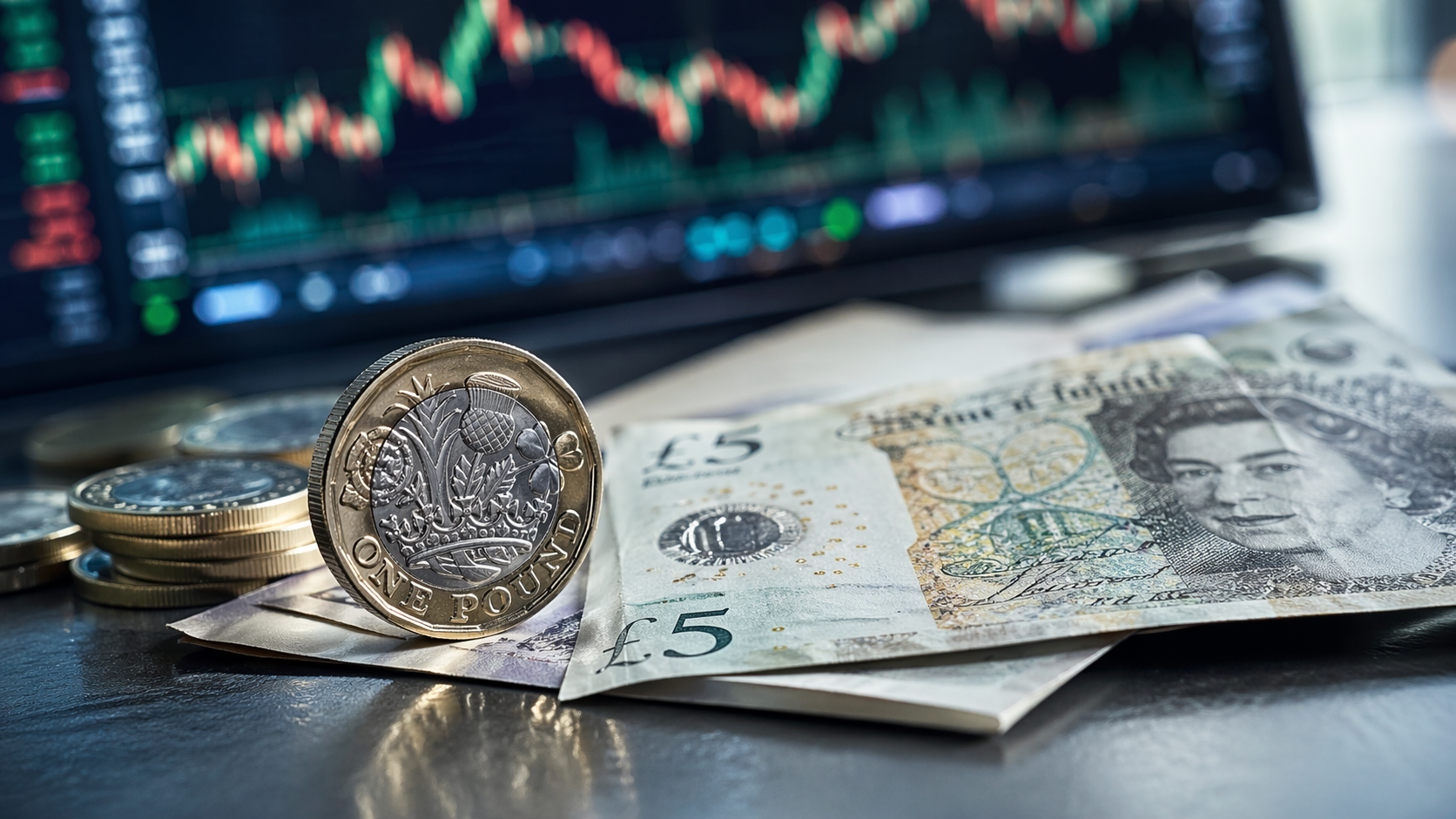 The image displays British currency, including a one-pound coin and a five-pound note, placed on a reflective surface. In the background, a stock market chart is visible on a computer screen, indicating financial trading activity.