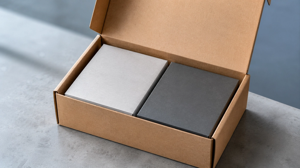 The image shows an opened cardboard box containing two neatly stacked notebooks, one grey and one black, placed on a concrete surface. Natural light illuminates the contents, creating a soft and inviting atmosphere.