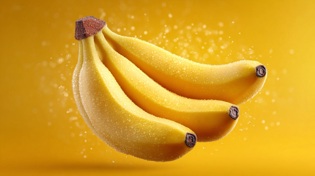 The image features a cluster of three ripe bananas against a vibrant yellow background. The bananas appear fresh and are lightly sprinkled with droplets of water, enhancing their appeal.