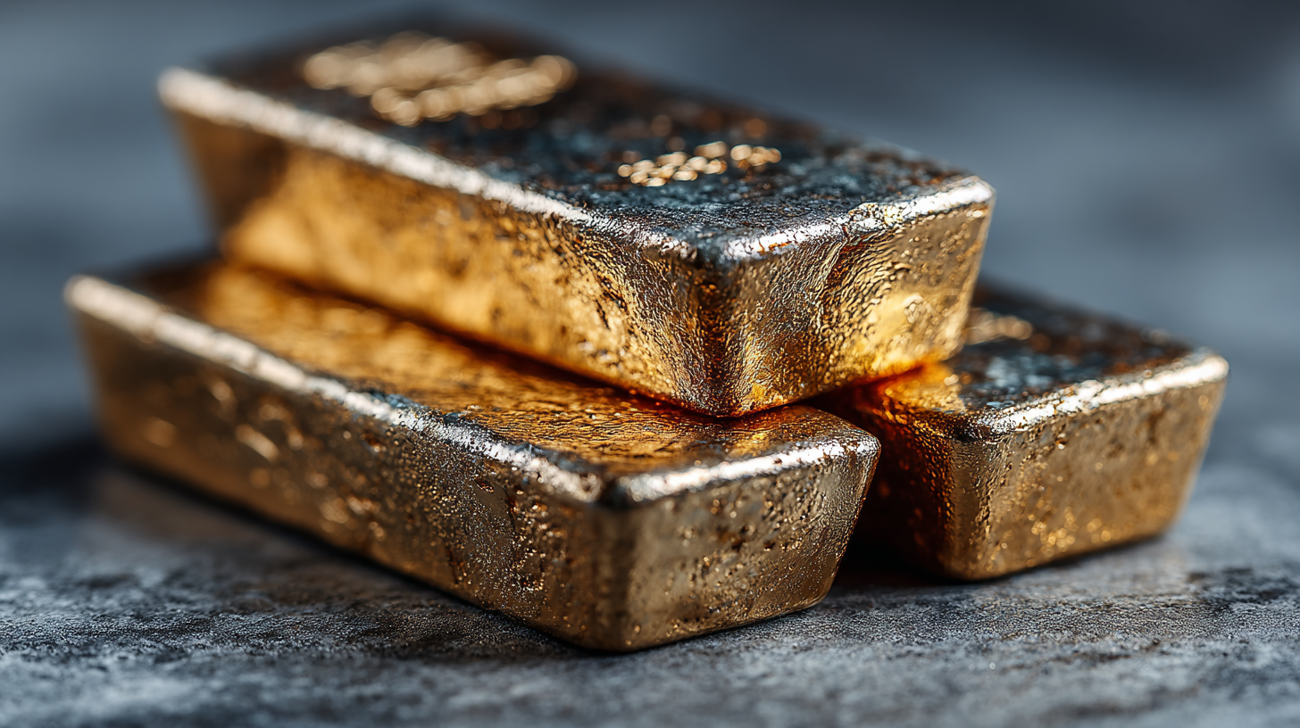 The image shows three gold bars stacked together, reflecting light on their surfaces. The texture of the gold is rich and appears polished, set against a neutral background.