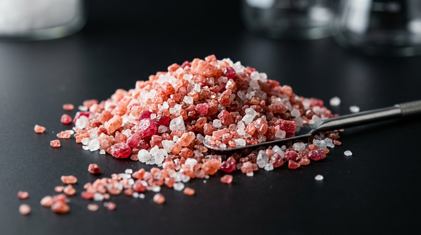 The image showcases a mound of vivid pink-red sylvite crystals intermixed with white halite granules on a matte black laboratory surface. The granules glisten under hard directional light, revealing a range of colors from salmon pink to translucent white, while a steel laboratory spatula is partially buried in the pile, with scattered granules trailing across the dark background.