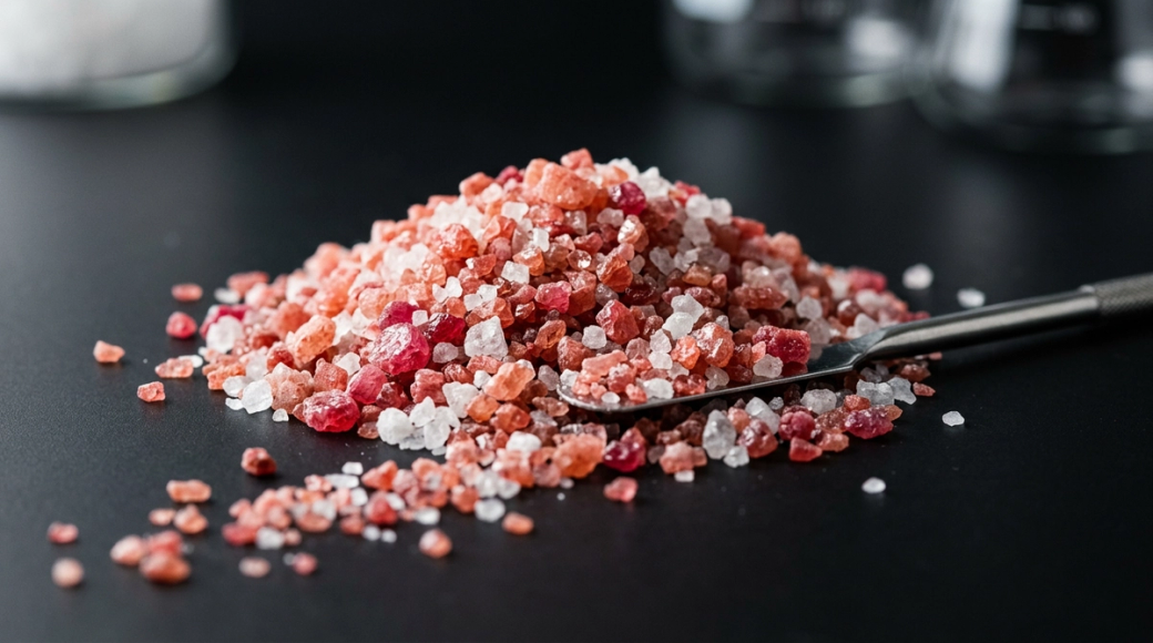 The image showcases a mound of vivid pink-red sylvite crystals intermixed with white halite granules on a matte black laboratory surface. The granules glisten under hard directional light, revealing a range of colors from salmon pink to translucent white, while a steel laboratory spatula is partially buried in the pile, with scattered granules trailing across the dark background.
