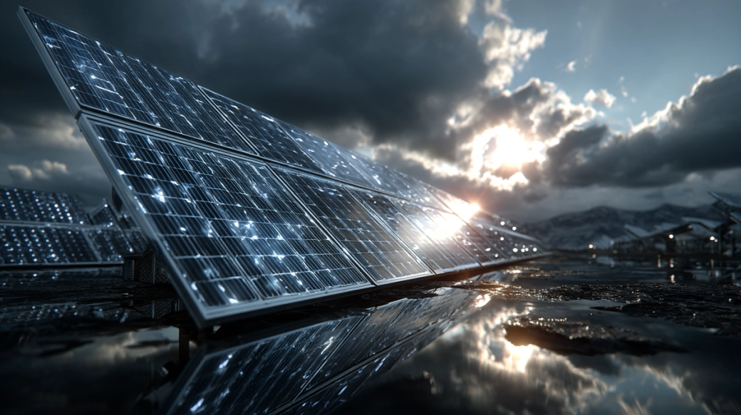 The image showcases solar panels reflecting the sunlight against a dramatic sky filled with clouds. The panels are positioned at an angle, highlighting their sleek design and the surrounding water that mirrors their surface.
