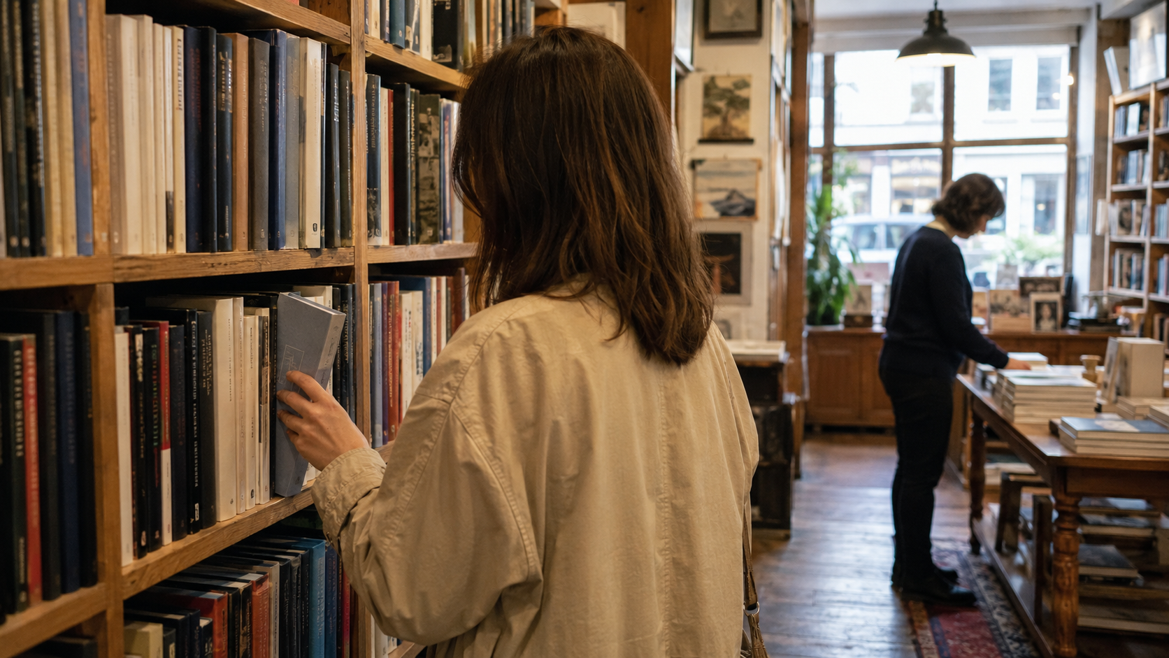 The image depicts two women in a cozy bookstore. One woman is browsing books on a wooden shelf while the other is seated at a desk, looking through a stack of books.