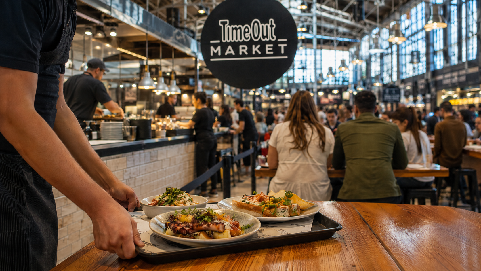 The image depicts a bustling food market setting, featuring a server carrying a tray of dishes. The ambiance is lively, with diners seated at communal tables and a large sign indicating 'Time Out Market' in the background.