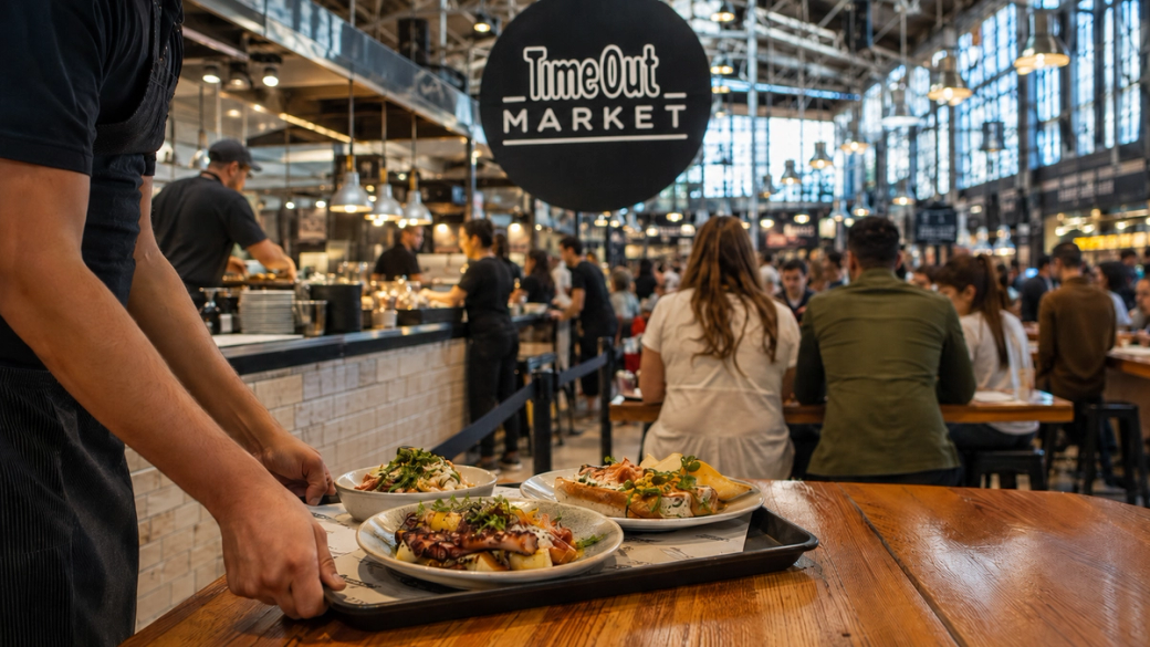 The image depicts a bustling food market setting, featuring a server carrying a tray of dishes. The ambiance is lively, with diners seated at communal tables and a large sign indicating 'Time Out Market' in the background.