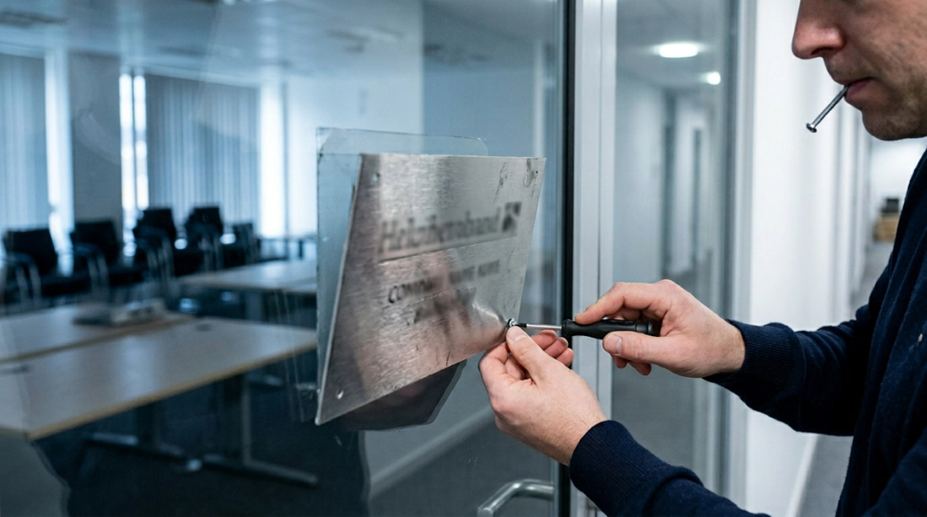 A close-up image captures a hand unscrewing a brushed steel nameplate from a glass office door, with one screw held between the lips and the other being turned by a screwdriver. The blurred background reveals an empty open-plan office, suggesting a transition of identity as the nameplate is detached, reflecting a business that has ceased operations.