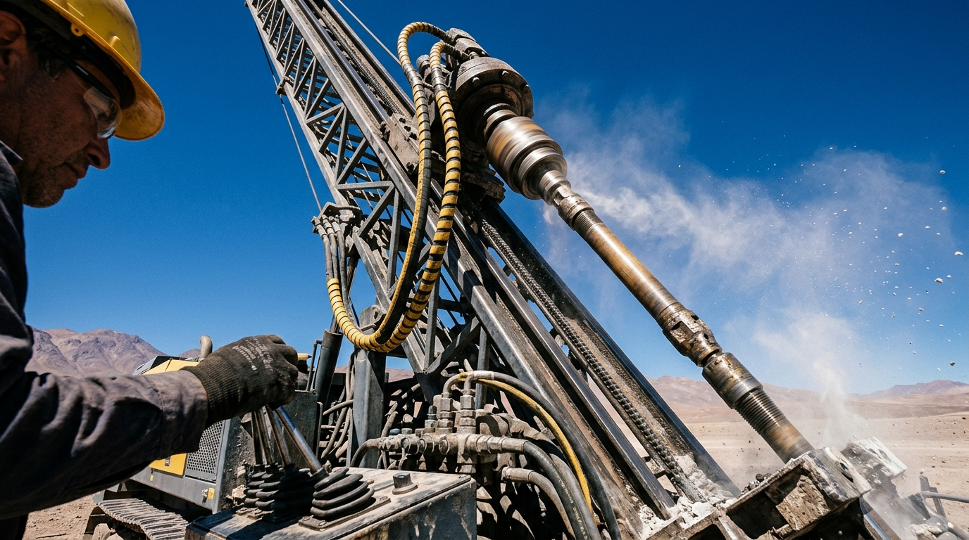 The image captures a low-angle view beside an RC drill rig, focusing on the rotating top drive head and drill rods in motion. A crew member, wearing a hard hat and gloves, operates the control levers, while dust and fine cuttings are visible against the backdrop of a striking deep blue Atacama sky.