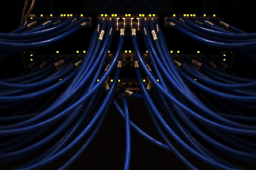 The image shows a close-up view of multiple blue network cables connected to a data switch. The illuminated ports of the switch indicate active connections. — Credit: Photo by Scott Rodgerson on Unsplash