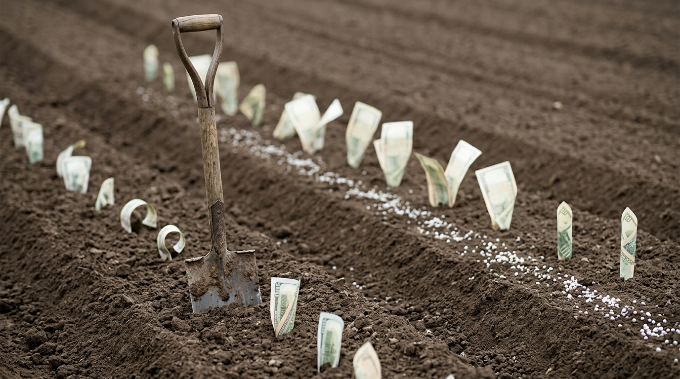The image depicts a freshly turned field of dark soil in neat furrows, prominently featuring a worn garden spade thrust upright into the earth. Instead of plants, various stages of banknotes sprout from the soil, with some emerging edge-first and others standing tall. Scattered white fertilizer pellets line the furrows, set against the soft overcast light.