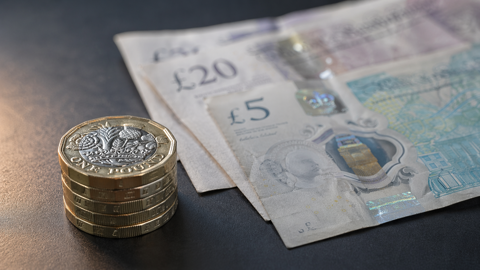 The image features a stack of gold pound coins next to British banknotes, including a £5 and a £20 note. The focus is on the currency, highlighting the details of the coins and the design of the notes.