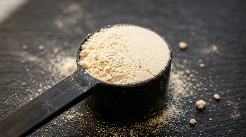 The image features a macro photograph of a single level scoop of whey protein powder in a matte black plastic scoop. The powder, slightly granular and off-white in color, sits neatly in the scoop against a dark surface, with a halo of fine dust surrounding it, reflecting warm overhead light.