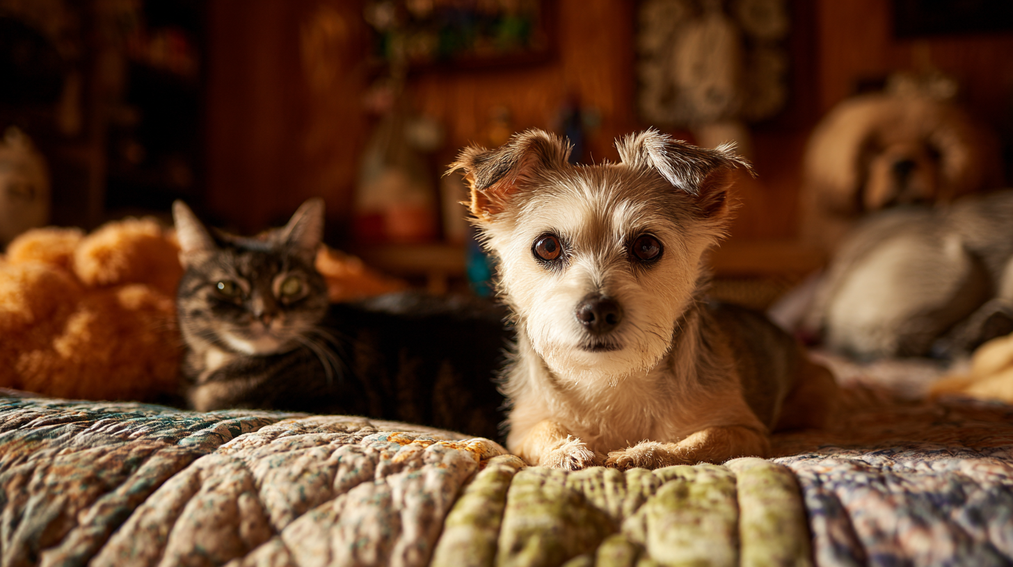 A small dog and a cat are resting on a colorful quilt in a cozy indoor setting. The dog appears alert and camera-friendly, while the cat lounges in the background, creating a warm and homely atmosphere.