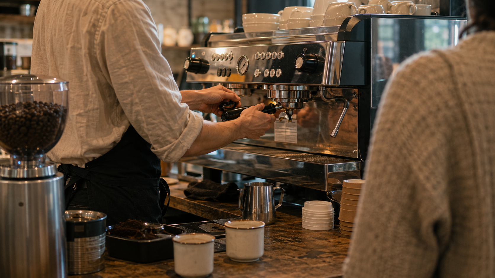 The image depicts a barista operating an espresso machine in a cozy coffee shop setting. The focus is on the preparation of coffee, with coffee beans and various utensils visible on the countertop.