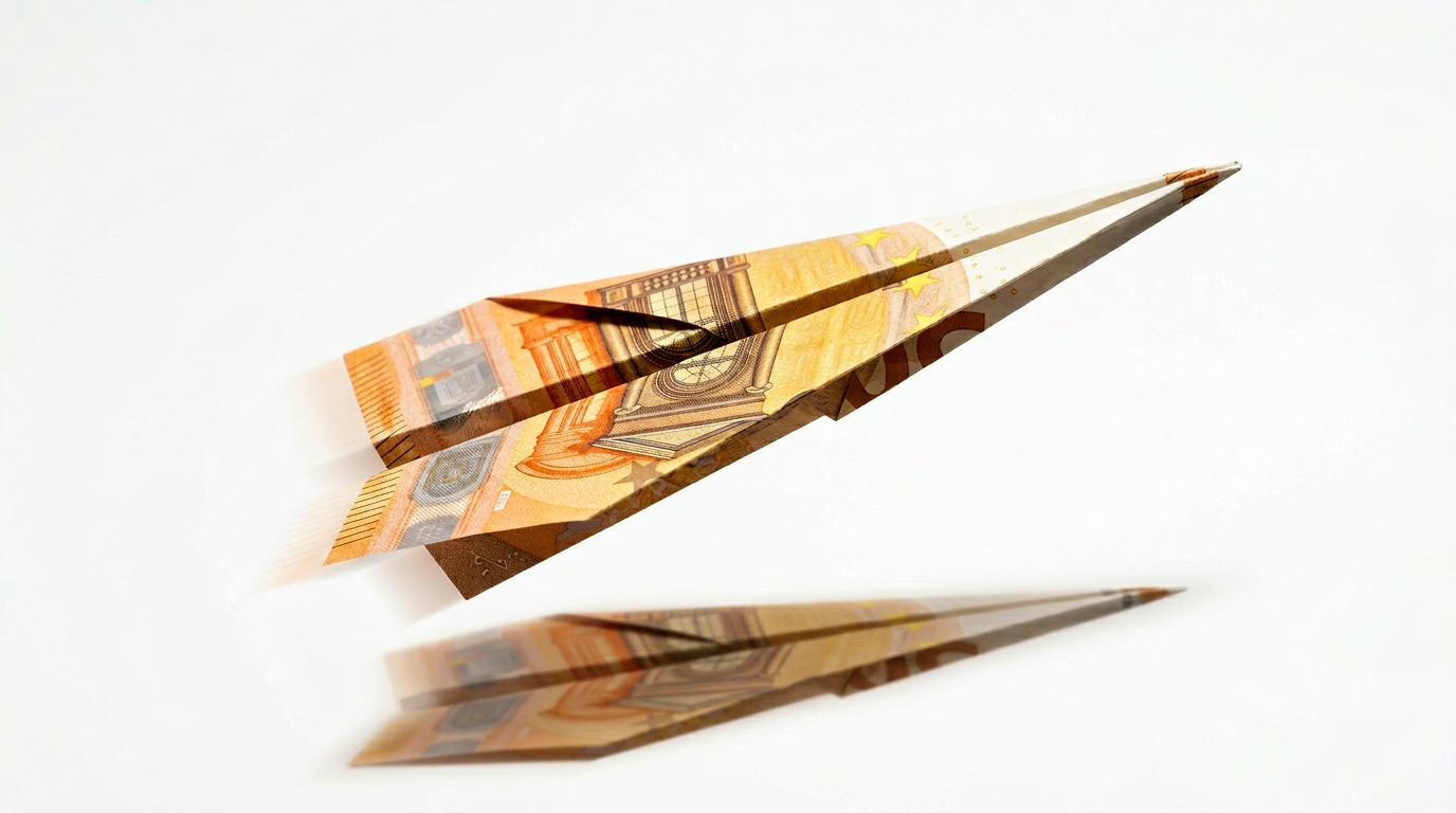 The image features a paper plane expertly folded from a fifty euro banknote, captured mid-flight against a clean white background. The angular folds of the plane display distinct architectural imagery from the note, creating a visual sense of trajectory and optimism, emphasized by the slight upward angle of the nose and the soft shadow beneath.