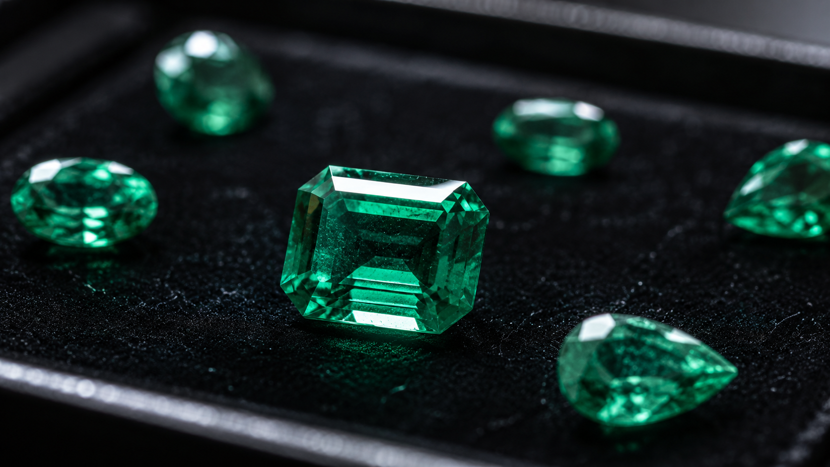 The image displays an assortment of emerald gemstones, showcasing a central rectangular cut emerald surrounded by various pear and oval cut emeralds. These vivid green stones are arranged on a dark textured surface.