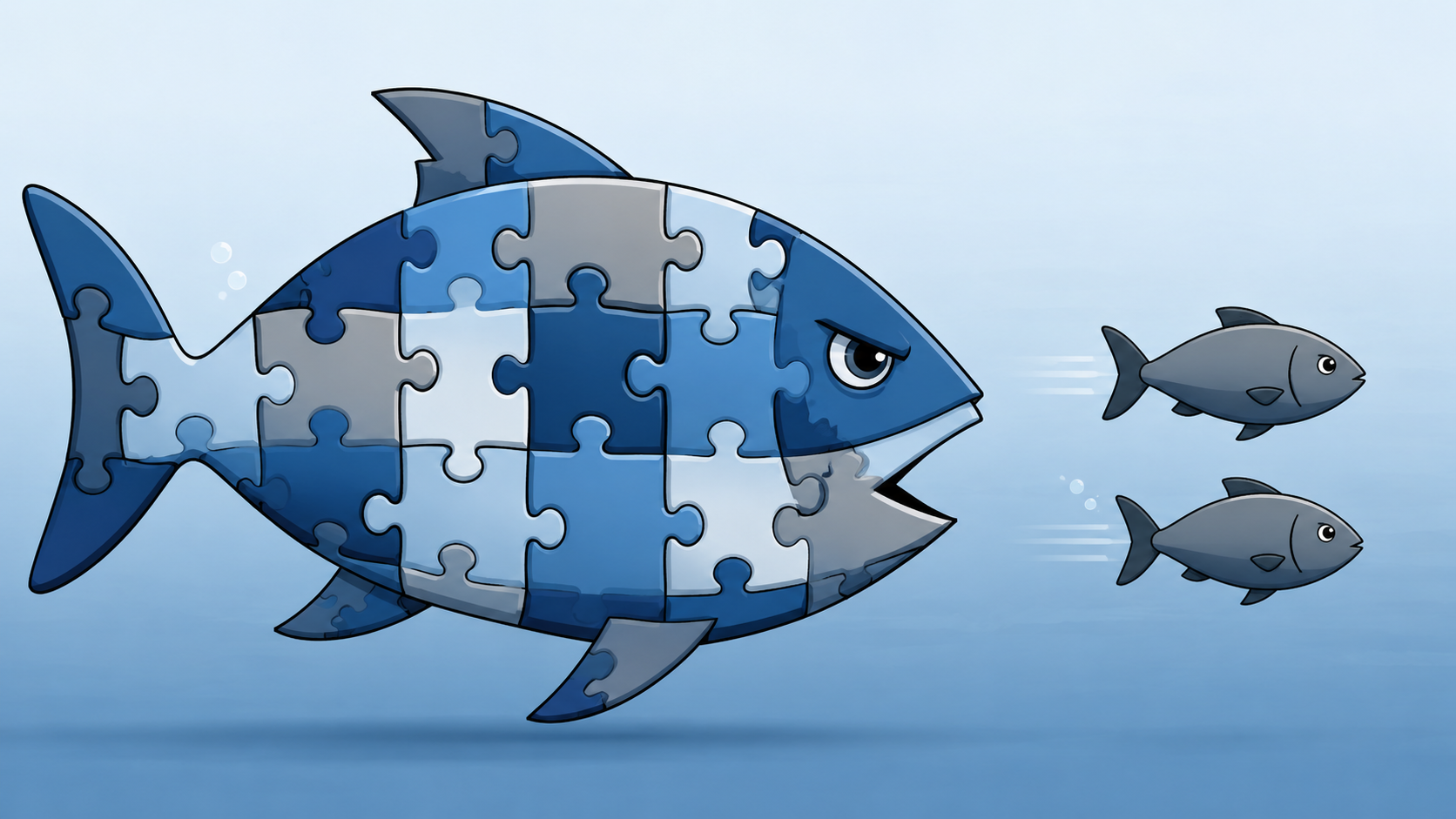 The image features a large puzzle piece fish, designed in shades of blue and gray, pursuing two smaller fish. The puzzle motif suggests themes of problem-solving and resolution.
