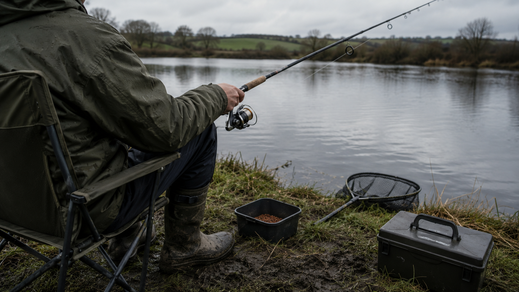 A person is fishing by the river, seated on a folding chair. They are holding a fishing rod while various fishing tools and bait are placed nearby on the grass.