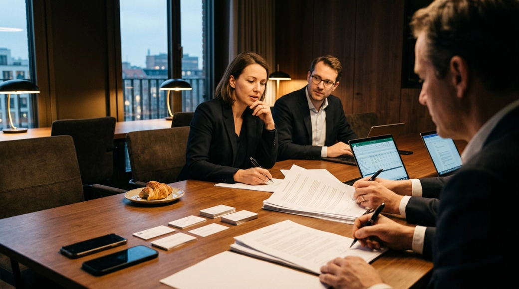 The image captures a private equity boardroom setting in Berlin's Mitte district, featuring a long wooden table set for a formal presentation. A founder and CTO are engaged in a discussion with a senior partner, with multiple documents laid out for signing and business cards exchanged on the table, accompanied by a half-eaten pastry and laptops showing financial models.