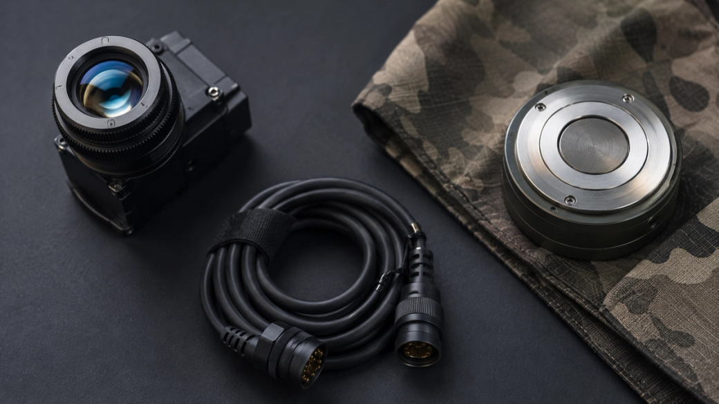 The image features a camera with a lens, a coiled cable with connectors, and a circular metallic object placed on a camouflaged fabric. The arrangement showcases items related to photography and technology.