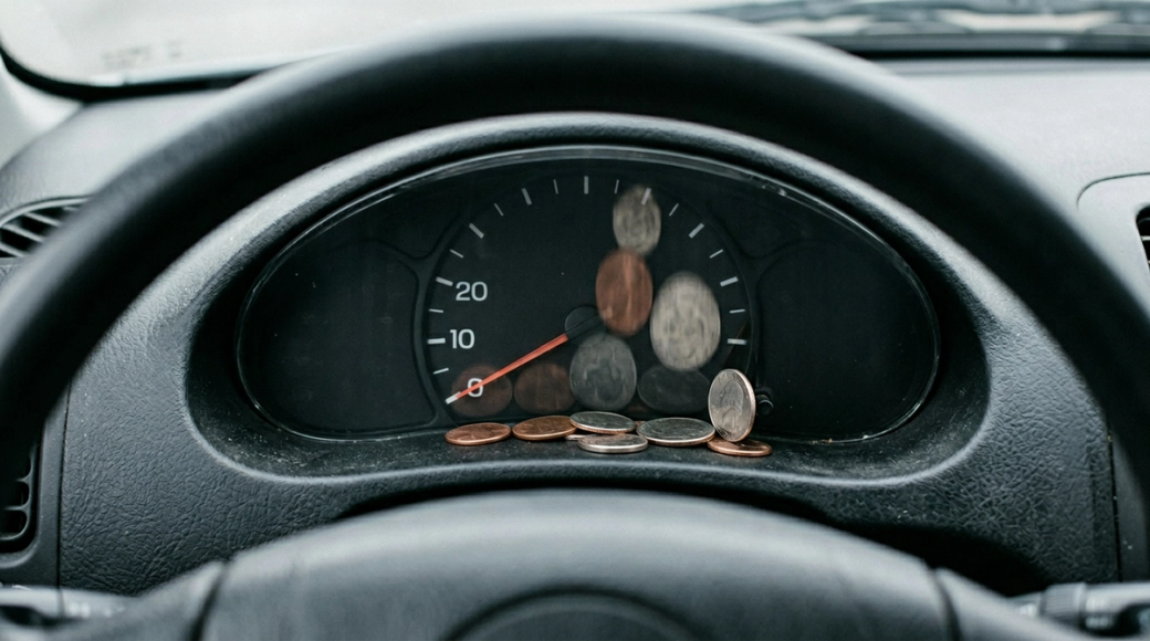 The image captures a close-up view of an analogue speedometer, showcasing the lower half where the needle points to zero, indicating the vehicle is stationary. Scattered across the glass cover of the speedometer are various coins, suggesting an accumulation of cost while the car remains parked, with a muted color palette reflective of the dashboard's sombre tones.