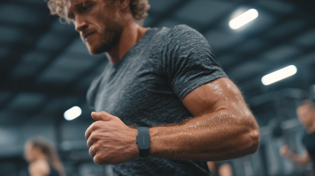 A man is exercising on a treadmill in a gym setting, wearing a fitness tracker on his wrist. The atmosphere is active, with blurred figures of other gym-goers in the background.