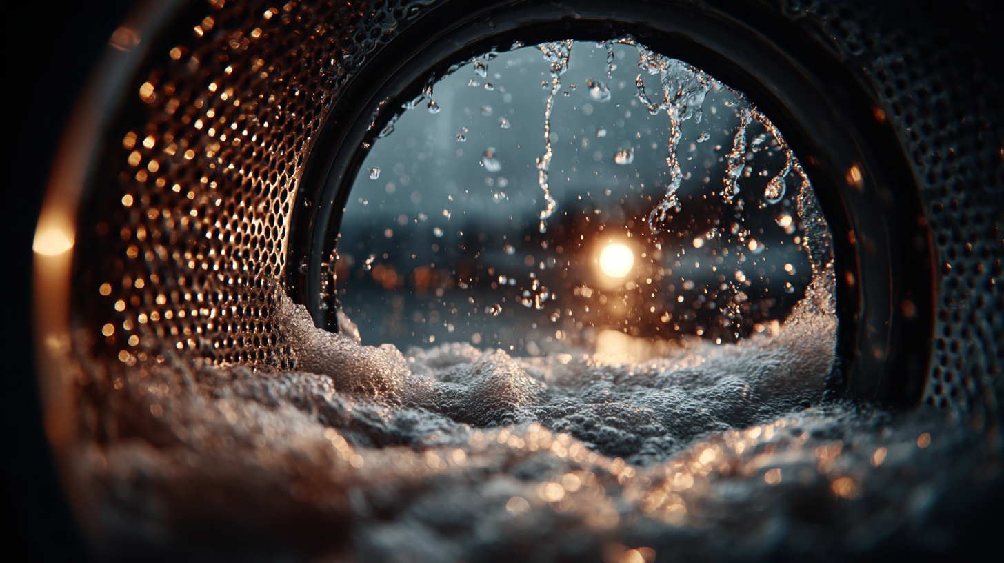 The image depicts a close-up view of water splashing in a washing machine drum, with bubbles and light refracted through the water. The background features a bright, glowing light source, suggesting sunset or dawn.