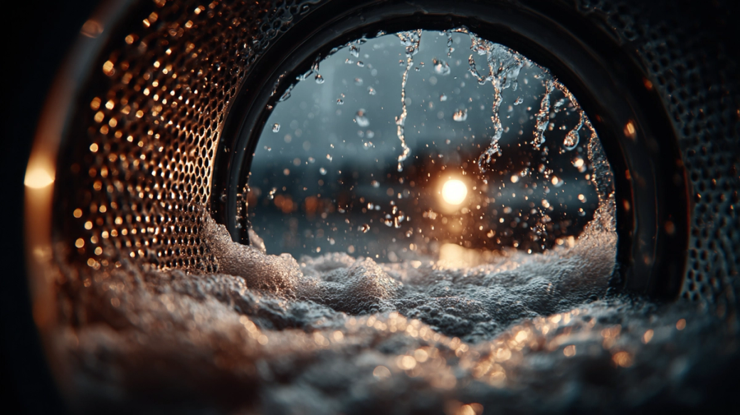 The image depicts a close-up view of water splashing in a washing machine drum, with bubbles and light refracted through the water. The background features a bright, glowing light source, suggesting sunset or dawn.