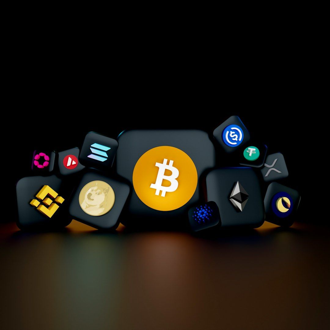 An abstract composition featuring various cryptocurrency logos with a prominent Bitcoin symbol centered. The dark background accentuates the vibrant colors of the logos, representing the digital currency sector.