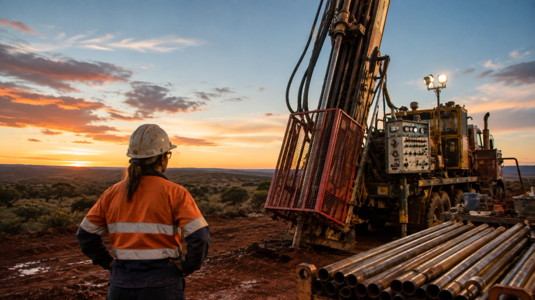 A miner stands observing a drilling rig during sunset in a remote area. The landscape is characterized by red earth and distant hills, highlighting a mining operation.